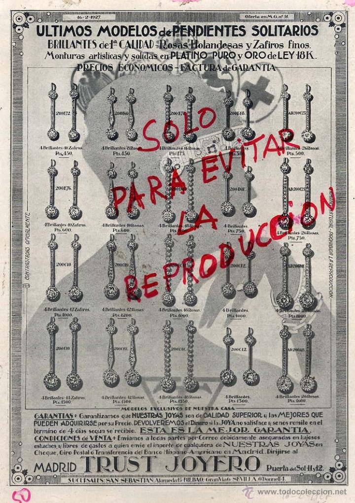 Coleccionismo de revistas y peri&oacute;dicos: TRUST JOYERO 1927 MADRIDBRILLANTES PENDIENTES  HOJA REVISTA