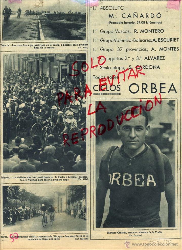 Coleccionismo de Revistas y Peri&oacute;dicos: CICLISMO 1932 FOTO MARIANO CA&Ntilde;ARDO Y VUELTA A LEVANTE HOJA REVISTA