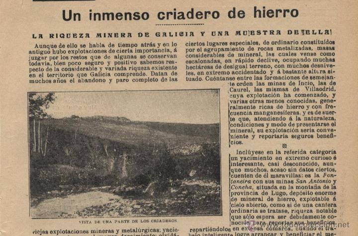 Coleccionismo de revistas y peri&oacute;dicos: * YACIMIENTO FONTANEIRA, Lugo * Un inmenso criadero de hierro / J. Rodr&iacute;guez Mourel - 1903
