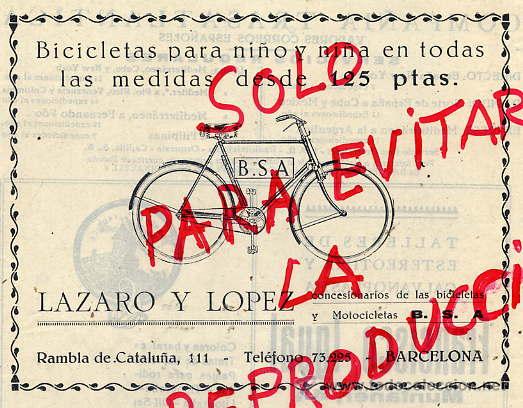 Coleccionismo de revistas y peri&oacute;dicos: CICLISMO 1929 BICICLETAS B.S.A. LAZARO Y LOPEZ  BARCELONA  RETAL HOJA REVISTA