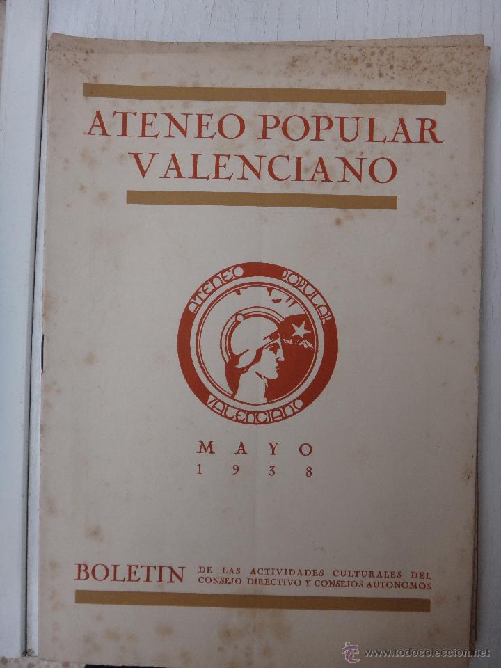 Coleccionismo de revistas y peri&oacute;dicos: REVISTA BOLETIN , ATENEO POPULAR VALENCIANO, MAYO 1938 , GUERRA CIVIL , ORIGINAL