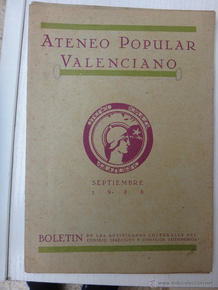 Coleccionismo de revistas y peri&oacute;dicos: REVISTA BOLETIN , ATENEO POPULAR VALENCIANO, SEPTIEMBRE 1938 , GUERRA CIVIL , ORIGINAL