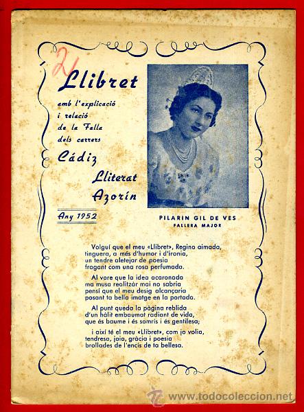Coleccionismo de revistas y peri&oacute;dicos: REVISTA FALLERA , LLIBRET CADIZ LITERATO AZORIN 1952 , TEMA FALLAS DE VALENCIA, F1256