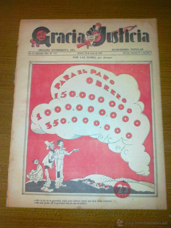 Coleccionismo de Revistas y Peri&oacute;dicos: GRACIA Y JUSTICIA. N&ordm; 177. A&Ntilde;O 1935. ORGANO EXTREMISTA DEL HUMORISMO POPULAR, COMPLETA,