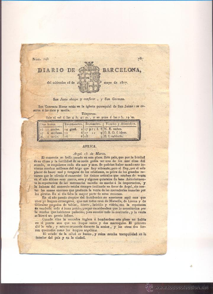 Collection Magazines and Newspapers: DIARIO DE BARCELONA A&Ntilde;O 1817 FARMACIA JARABE EXPECTORANTE ZANETTI BATALLA DE ARROYOMOLINOS GENERAL