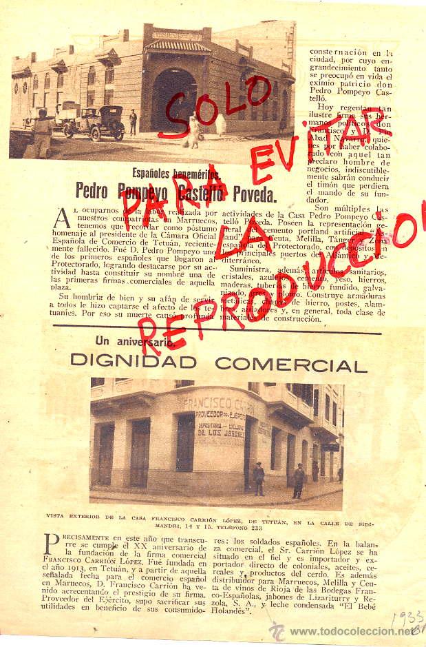 Coleccionismo de revistas y peri&oacute;dicos: MARRUECOS 1933 TETUAN PEDRO POMPEYO--FRANCISCO CARRION PROVEEDOR EJEERCITO HOJA REVISTA