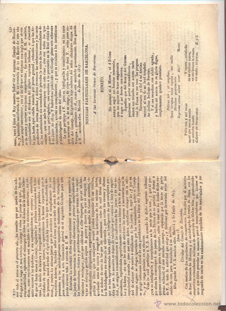 Coleccionismo de revistas y peri&oacute;dicos: DIARIO DE BARCELONA A&Ntilde;O 1817 HACIENDA EN MENORCA E IBIZA SONETO LARGO A LAS MUJERES DE BARCELONA