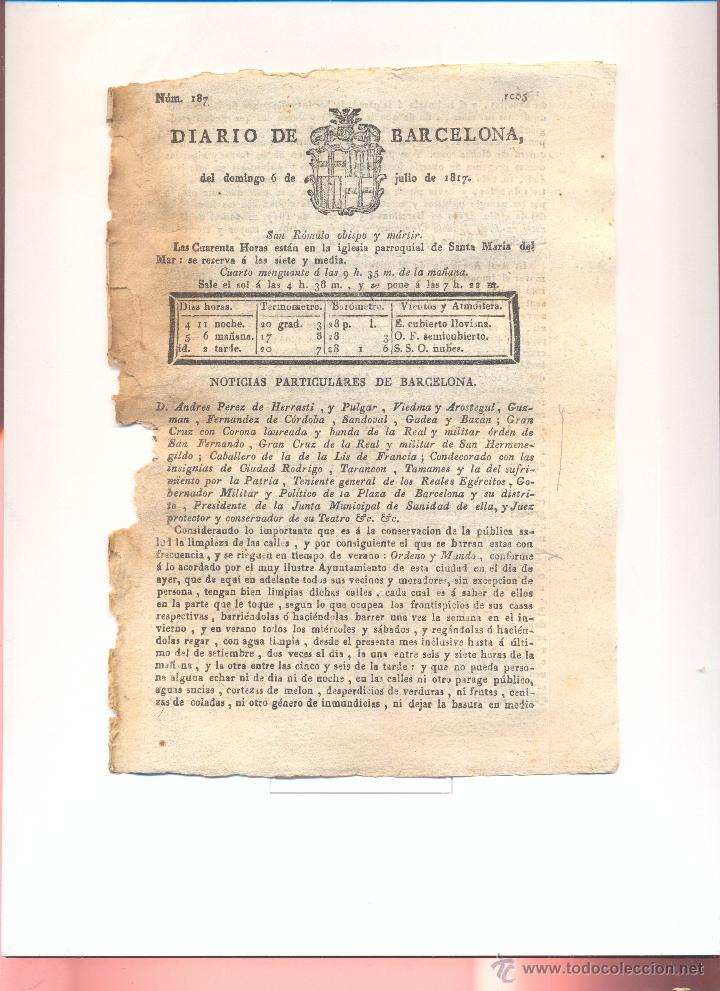 Coleccionismo de revistas y peri&oacute;dicos: DIARIO DE BARCELONA A&Ntilde;O 1817 ORDENO Y MANDO BARRER BARRENDERO BASURA  CONDE DEL ASALTO ORDENANZAS MU