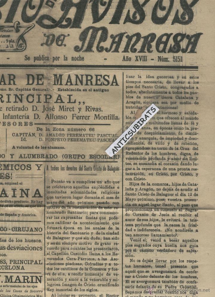 Coleccionismo de revistas y peri&oacute;dicos: DIARIO DE MANRESA A&Ntilde;O 1913 DEVOTOS DEL SANTO CRISTO DE BALAGUER FARMACIA RIU CIRERA PARA DEJAR BEBER