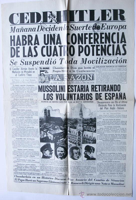 Coleccionismo de Revistas y Peri&oacute;dicos: PORTADA FACSIMIL PERI&Oacute;DICO LA RAZ&Oacute;N 28-09-1938 - CEDE HITLER / HERALDO DE MADRID 30-09-38