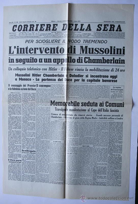Coleccionismo de Revistas y Peri&oacute;dicos: PORTADA FACSIMIL PERI&Oacute;DICO CORRIERE DELLA SERA 29-09-1938 - L'NTERVENTO DE MUSSOLINI