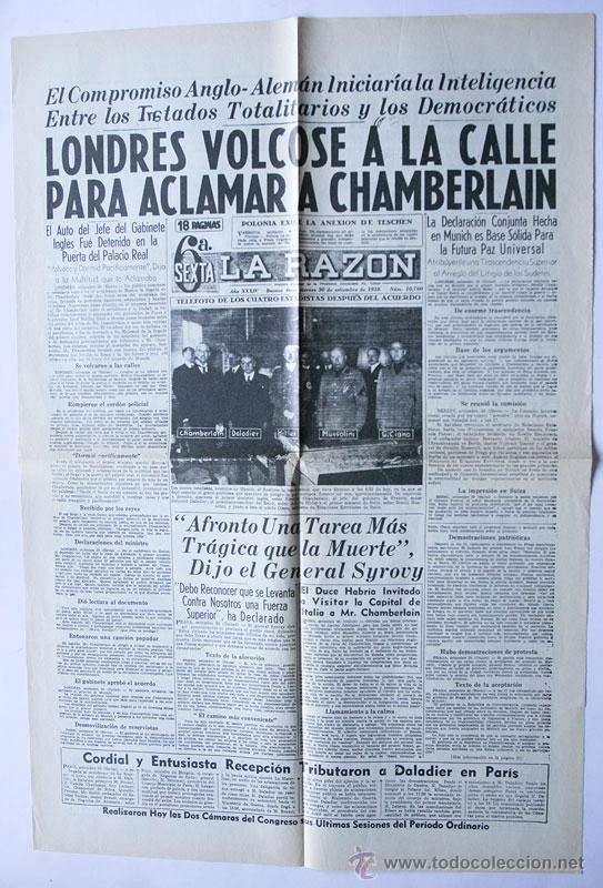 Coleccionismo de Revistas y Peri&oacute;dicos: PORTADA FACSIMIL PERI&Oacute;DICO LA RAZ&Oacute;N 30-09-1938 - REUNION MUNICH HERALDO DE MADRID 30-09-38