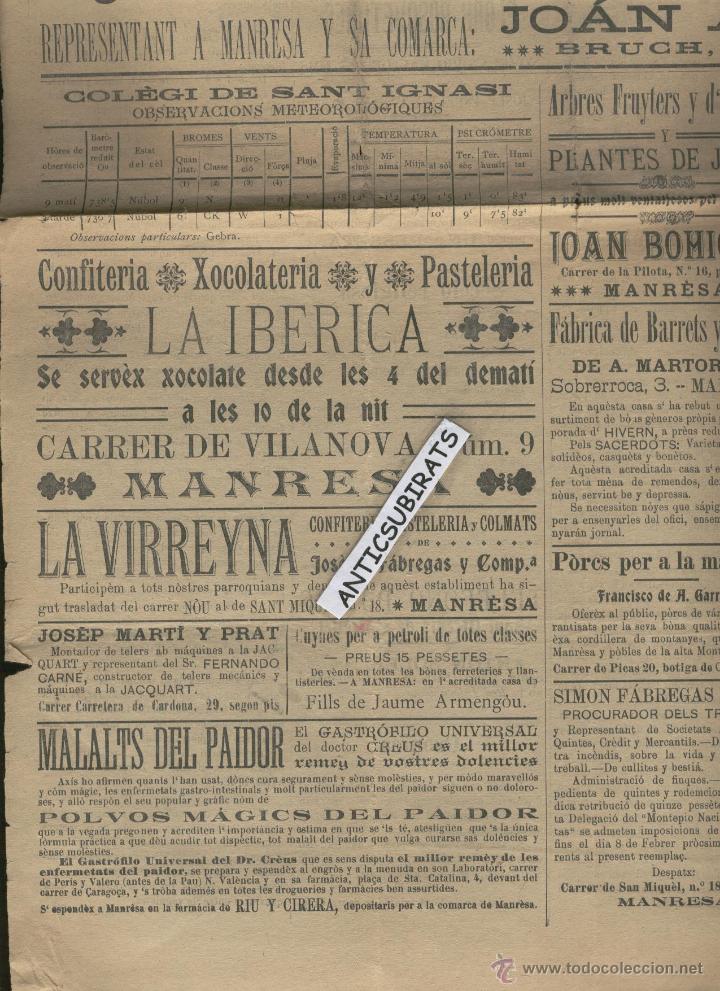 Coleccionismo de Revistas y Peri&oacute;dicos: DIARI ANY 1902 MANRESA QUINA MOMO PASTELERIA LA IBERICA LA VIRREYNA FARMACIA RIU CIRERA BARRETS