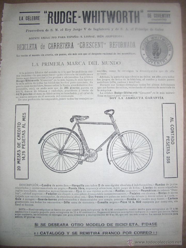Coleccionismo de revistas y peri&oacute;dicos: Publicidad deportes, bicicletas Rudge-Whitworth. A&ntilde;os 20