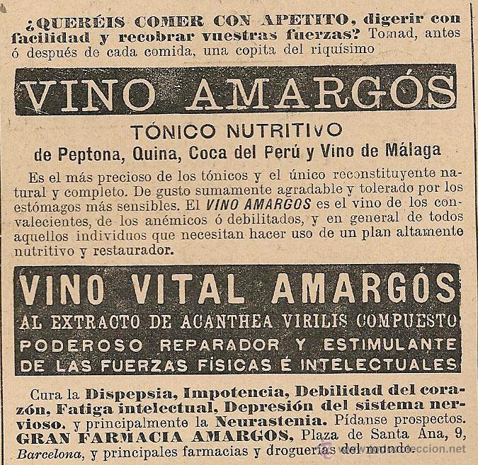 Coleccionismo de Revistas y Peri&oacute;dicos: Publicidad: vino vital Amarg&oacute;s, t&oacute;nico nutritivo de peptona, quina, coca del Per&uacute;... - 1899