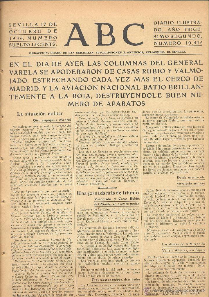 Coleccionismo de Revistas y Periódicos: DIARIO ILUSTRADO ABC 17 DE OCTUBRE 1936 NÚM 10416 GUERRA CIVIL *GRAL VARELA CASAS RUBIO CERCO MADRID - Foto 3 - 45729665