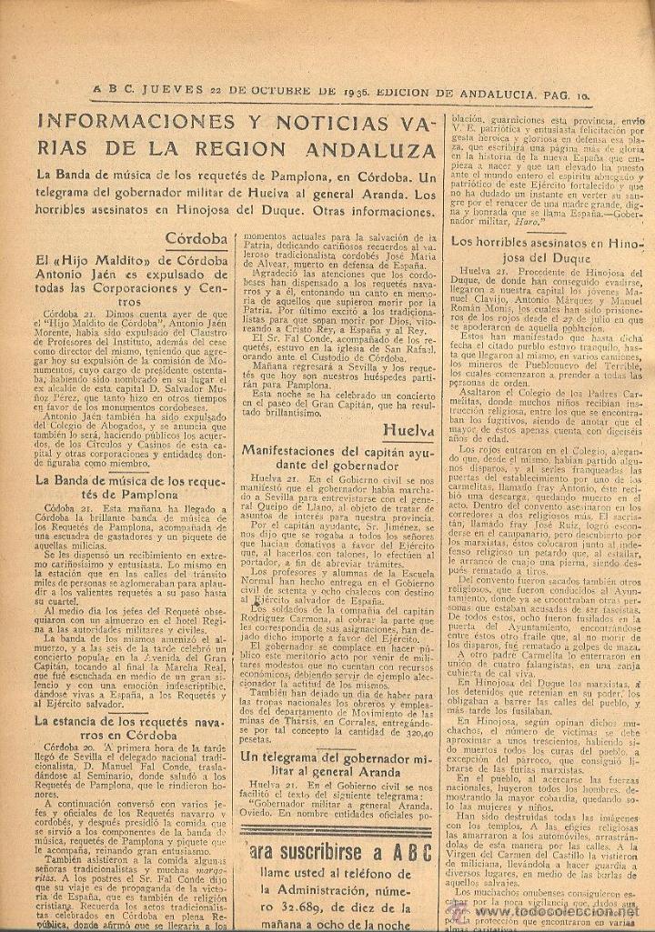 Coleccionismo de Revistas y Periódicos: DIARIO ILUSTRADO ABC 22 DE OCTUBRE 1936 NÚM 10420 GUERRA CIVIL *COLUMNAS NAVALCARNER CERCO MADRID - Foto 2 - 45729877