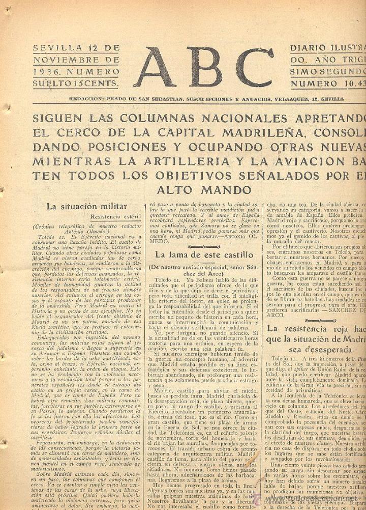 Coleccionismo de Revistas y Periódicos: DIARIO ILUSTRADO ABC 12 DE NOVIEMBRE 1936 NÚM 10438 GUERRA CIVIL * - Foto 2 - 45730189