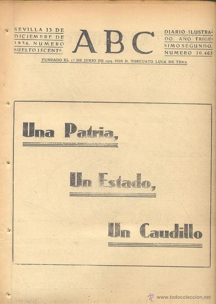 Coleccionismo de Revistas y Peri&oacute;dicos: DIARIO ILUSTRADO ABC 13 DE DICIEMBRE 1936 N&Uacute;M 10465 GUERRA CIVIL * FRANCO FRENTE DE &Aacute;LAVA QUEIPO
