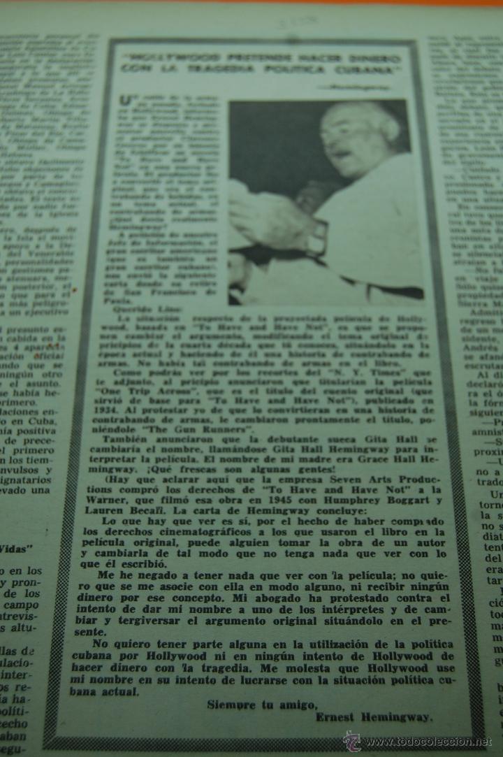 Coleccionismo de Revistas y Peri&oacute;dicos: ARTICULO REVISTA 1958 - HEMINGWAY HOLLYWOOD PRETENDE HACER DINERO CON CUBA - REVISTA CUBA 1PAG.