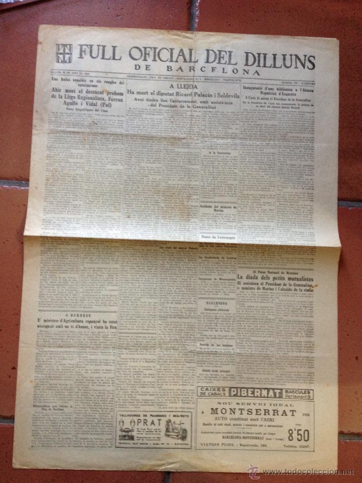 Collezionismo di Riviste e Giornali: Full oficial del dilluns - Barcelona - 1933 - Mort de Ferran Agull&oacute;, Inauguraci&oacute; Ateneu Republic&agrave;...