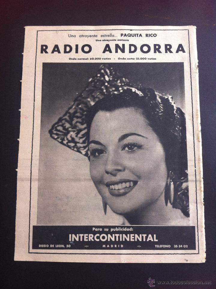 Coleccionismo de revistas y peri&oacute;dicos: HOJA DE REVISTA (D&Eacute;CADA 1950) RADIO ANDORRA.  PAQUITA RICO.  MEDIDAS: 37 x 28cm.
