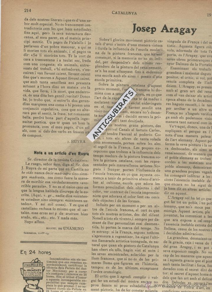 Coleccionismo de revistas y peri&oacute;dicos: REVISTA ANY 1913 MIGUEL DE  UNAMUNO CRITICA  ARTICLE DE J. RUYRA PINTOR JOSEP ARAGAY BLANCHART BREDA