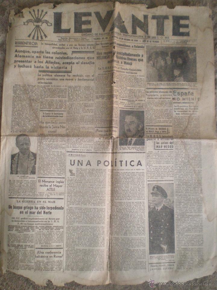 Collection Magazines and Newspapers: 25 OCTUBRE 1939 VALENCIA. PERIODICO LEVANTE N&ordm; 167. ORGANO DE FALANGE Y LAS JONS. NOTICIAS GUERRA