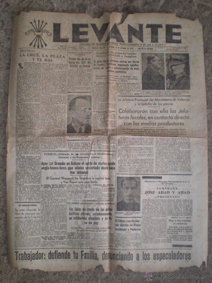 Collection Magazines and Newspapers: 20 OCTUBRE 1939 VALENCIA. PERIODICO LEVANTE N&ordm; 163. ORGANO DE FALANGE Y LAS JONS. NOTICIAS GUERRA