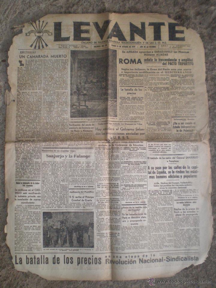 Collection Magazines and Newspapers: 21 OCTUBRE 1939 VALENCIA. PERIODICO LEVANTE N&ordm; 164. ORGANO DE FALANGE Y LAS JONS. NOTICIAS GUERRA