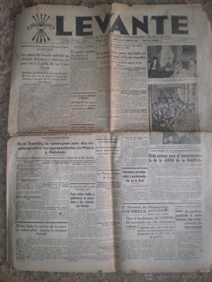 Collection Magazines and Newspapers: 24 OCTUBRE 1939 VALENCIA. PERIODICO LEVANTE N&ordm; 166. ORGANO DE FALANGE Y LAS JONS. NOTICIAS GUERRA