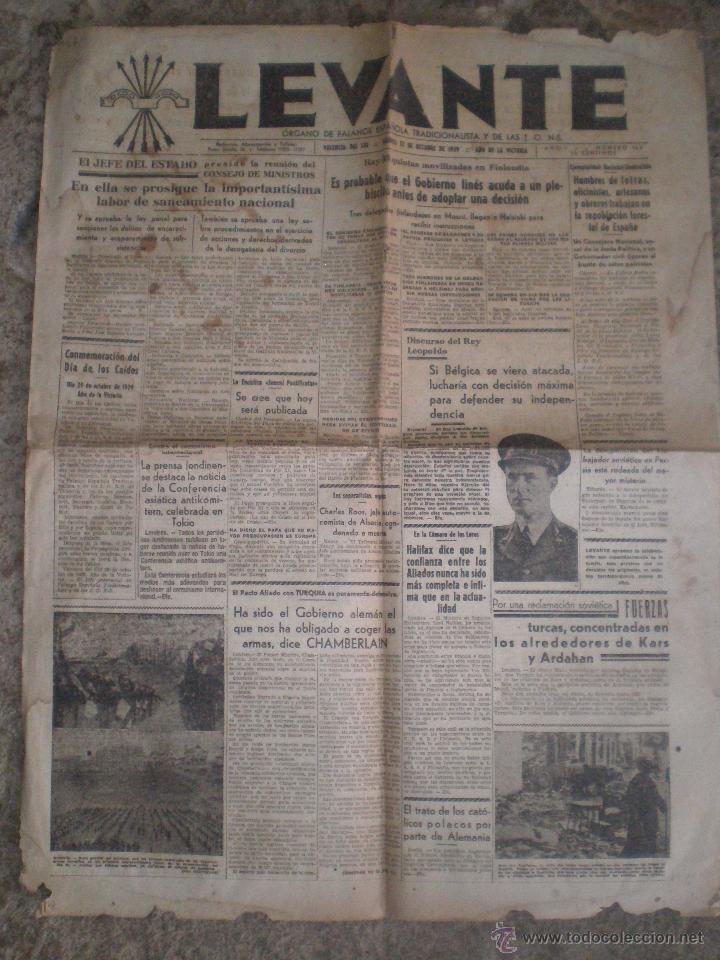 Collection Magazines and Newspapers: 27 OCTUBRE 1939 VALENCIA. PERIODICO LEVANTE N&ordm; 169. ORGANO DE FALANGE Y LAS JONS. NOTICIAS GUERRA