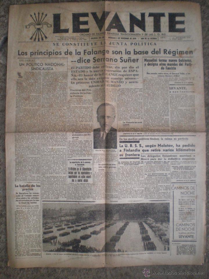 Colecionismo de Revistas e Jornais: 1 NOVIEMBRE 1939 VALENCIA. PERIODICO LEVANTE N&ordm; 173. ORGANO DE FALANGE Y LAS JONS. NOTICIAS GUERRA