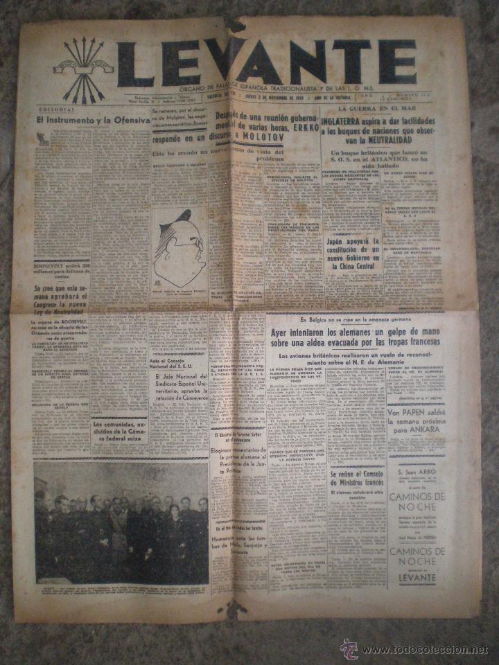 Colecionismo de Revistas e Jornais: 2 NOVIEMBRE 1939 VALENCIA. PERIODICO LEVANTE N&ordm; 174. ORGANO DE FALANGE Y LAS JONS. NOTICIAS GUERRA