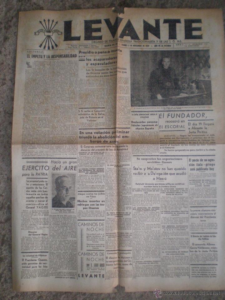 Colecionismo de Revistas e Jornais: 3 NOVIEMBRE 1939 VALENCIA. PERIODICO LEVANTE N&ordm; 175. ORGANO DE FALANGE Y LAS JONS. NOTICIAS GUERRA