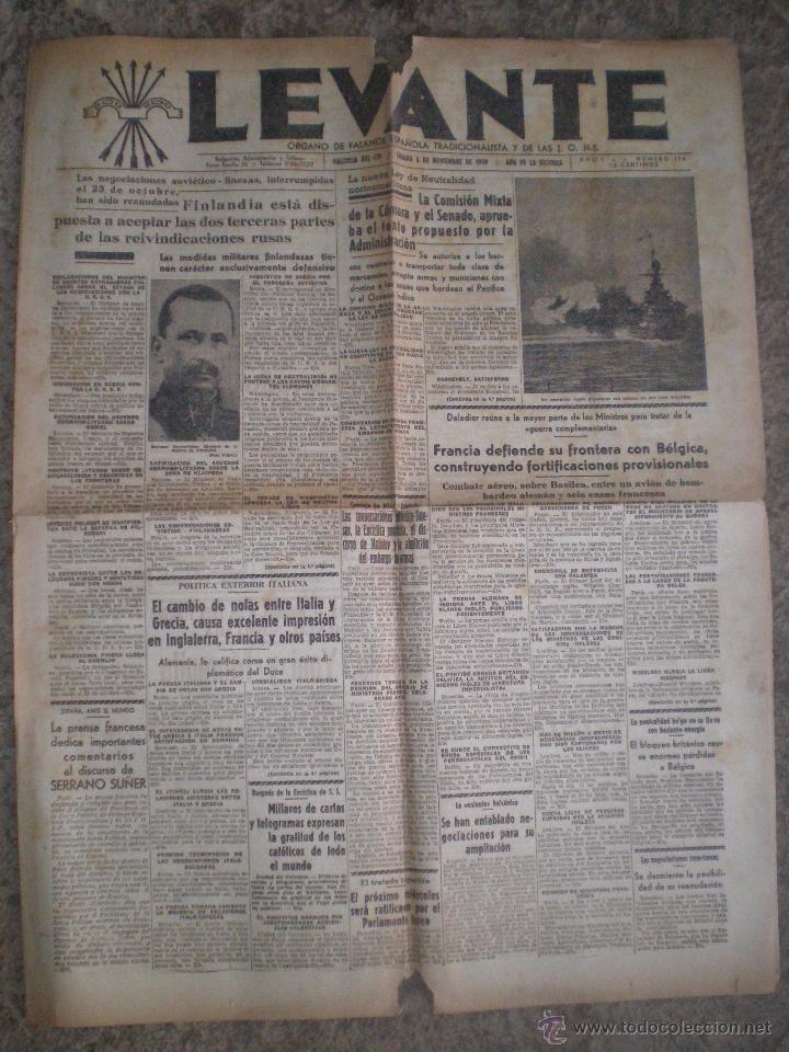 Collection Magazines and Newspapers: 4 NOVIEMBRE 1939 VALENCIA. PERIODICO LEVANTE N&ordm; 176. ORGANO DE FALANGE Y LAS JONS. NOTICIAS GUERRA