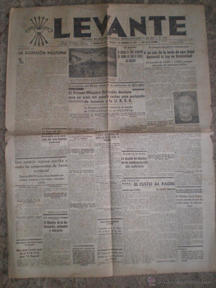 Colecionismo de Revistas e Jornais: 5 NOVIEMBRE 1939 VALENCIA. PERIODICO LEVANTE N&ordm; 177. ORGANO DE FALANGE Y LAS JONS. NOTICIAS GUERRA