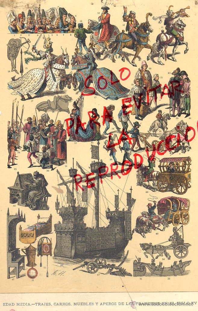 Coleccionismo de Revistas y Peri&oacute;dicos: EDADA MEDIA TRAJES Y CARROS FRANCESSE 1896 -1901 HIST.GRAL.DE ARTE LUIS DOMENECH I MONTANER LAMINA