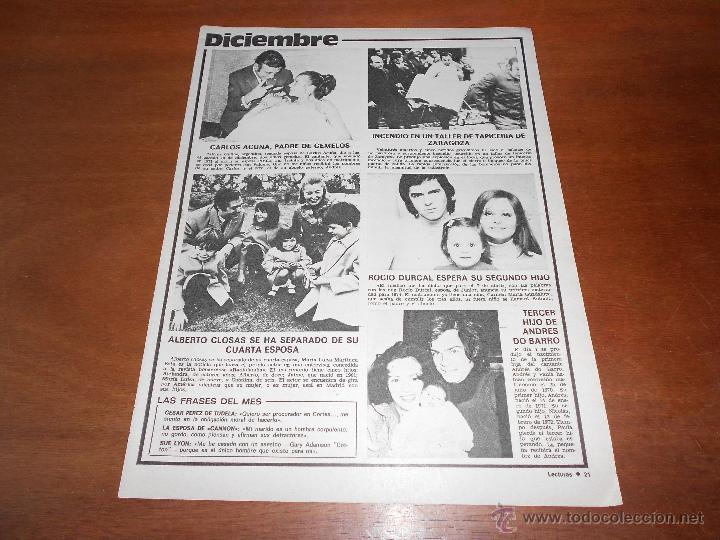 Coleccionismo de Revistas y Peri&oacute;dicos: RECORTE DE PRENSA DE 1974: ROCIO DURCAL, INCENDIO TAPICERIA EN ZARAGOZA, CARLOS ACU&Ntilde;A, ALBERTO CLOSA