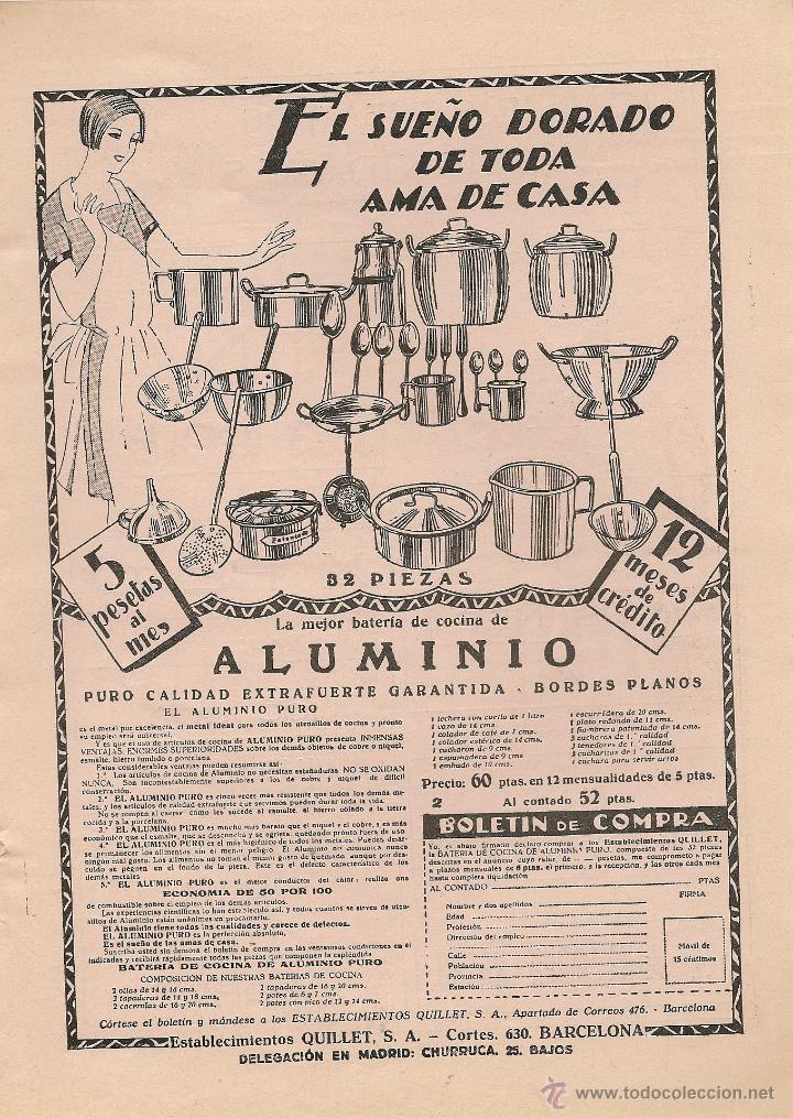 Collezionismo di Riviste e Giornali: Publicidad bater&iacute;a de cocina de aluminio de Establecimientos Quillet - 1929