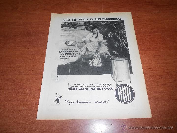 Coleccionismo de revistas y peri&oacute;dicos: RECORTE PRENSA 1958: PUBLICIDAD M&Aacute;QUINA DE LAVAR BRU, CON PAQUITA RICO