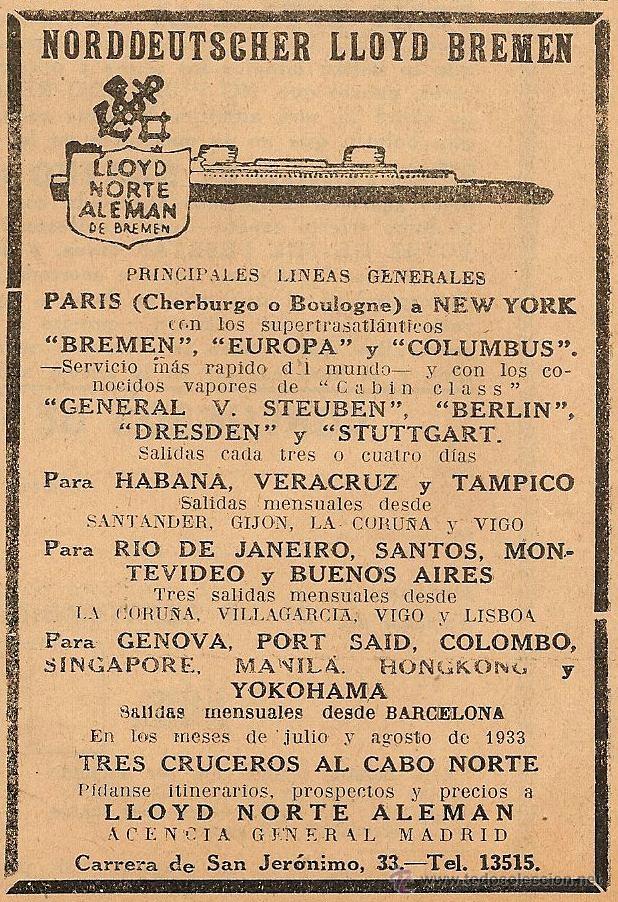 Coleccionismo de revistas y peri&oacute;dicos: Publicidad l&iacute;neas de navegaci&oacute;n NORDDEUTSCHER LLOYD BREMEN - 1933