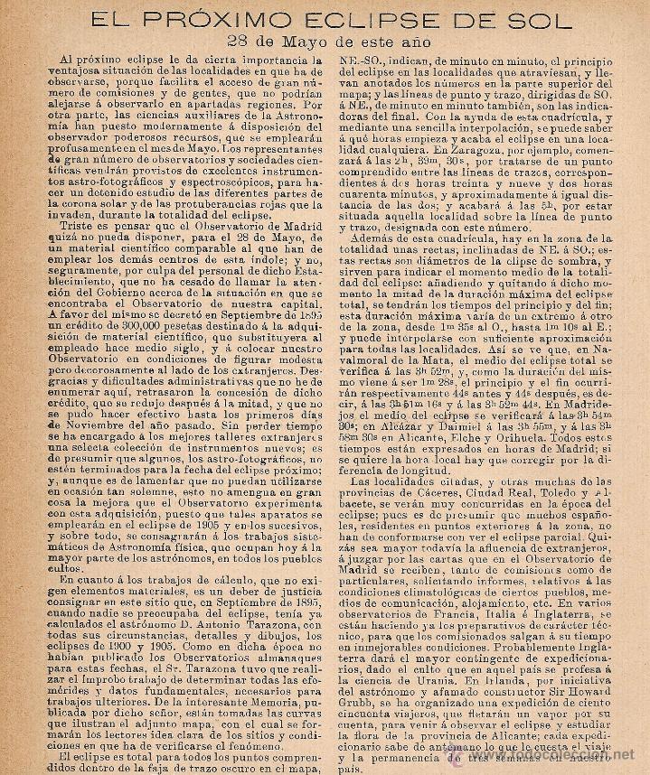 Coleccionismo de revistas y peri&oacute;dicos: * ASTRONOM&Iacute;A * El pr&oacute;ximo eclipse de sol : 28 de mayo / Antonio Vela - 1900