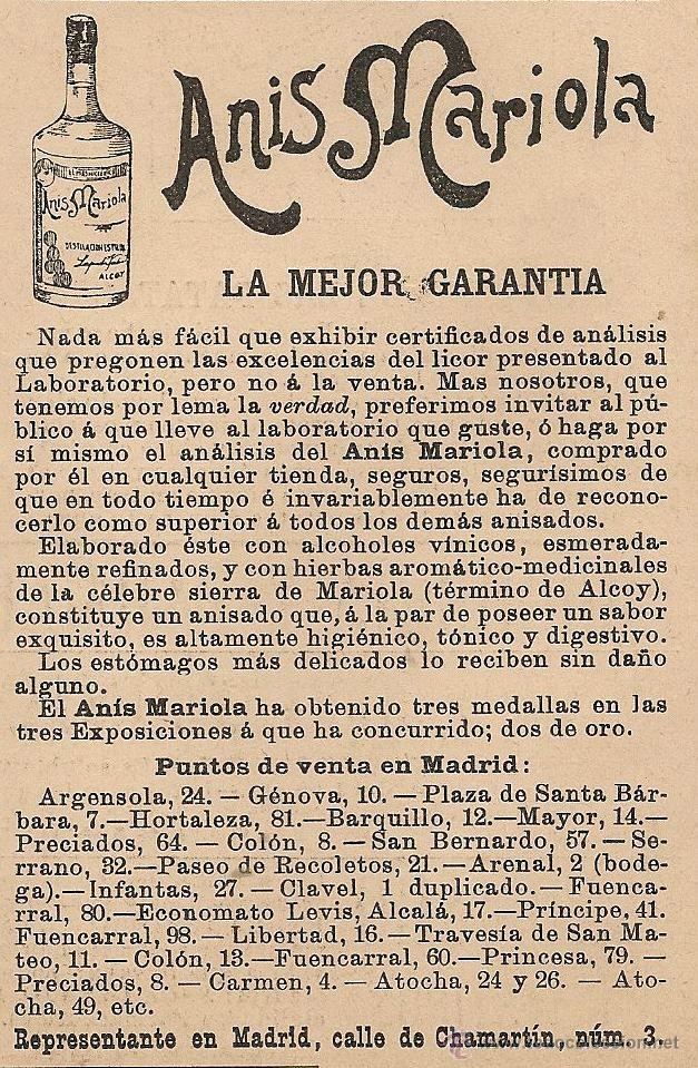 Coleccionismo de Revistas y Peri&oacute;dicos: * ALCOI * Publicidad an&iacute;s Mariola de Alcoy - 1900
