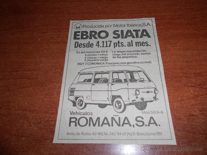 Coleccionismo de Revistas y Peri&oacute;dicos: RECORTE DE PRENSA 1976: PUBLICIDAD EBRO SIATA VEH&Iacute;CULOS ROMA&Ntilde;A