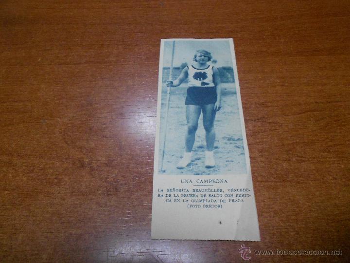 Collezionismo di Riviste e Giornali: RECORTE DE PRENSA 1930: CAMPEONA SALTO P&Eacute;RTIGA OLIMPIADA DE PRAGA SE&Ntilde;ORITA BRAUM&Uuml;LLER
