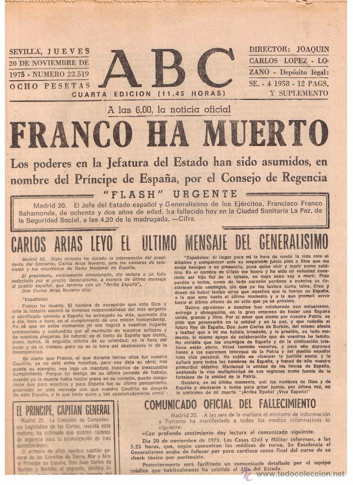 Coleccionismo de Revistas y Peri&oacute;dicos: ABC. FRANCO HA MUERTO. CUARTA EDICI&Oacute;N (11,45 HORAS). 20 NVBRE 1975.  (Z1)
