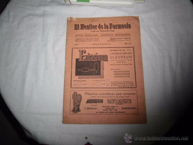Coleccionismo de revistas y peri&oacute;dicos: EL MONITOR DE LA FARMACIA A&Ntilde;O L.-LUN 1944.N&ordm; 1345.PUBLICIDAD VARIADA ,PASTA DE CEBION,CARTONAJES VIR