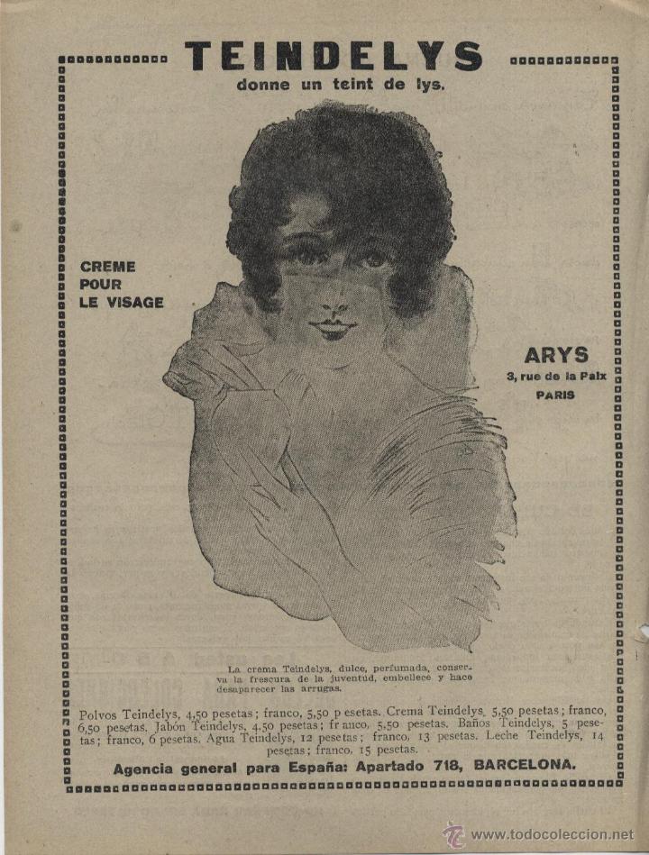 Coleccionismo de Revistas y Peri&oacute;dicos: Publicidad cosm&eacute;tica: Crema Teindelys - 1920