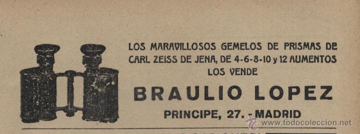 Coleccionismo de revistas y peri&oacute;dicos: Publicidad gemelos de prismas de Carl Zeiss que vende Braulio L&oacute;pez - 1920